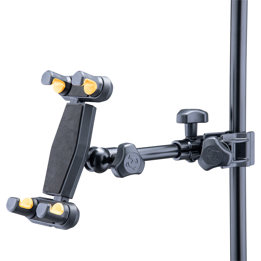 Hercules tablet holder attached to a microphone stand