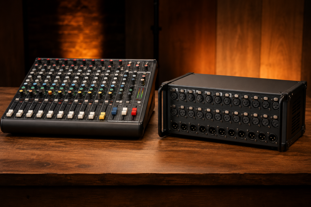 Digital vs analog mixers for small venues — analog board and digital stagebox compared