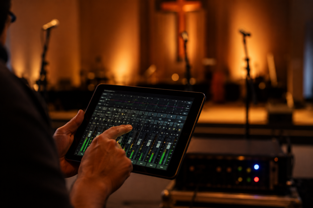 Sound engineer mixing a church service on a digital mixer app in a church sanctuary